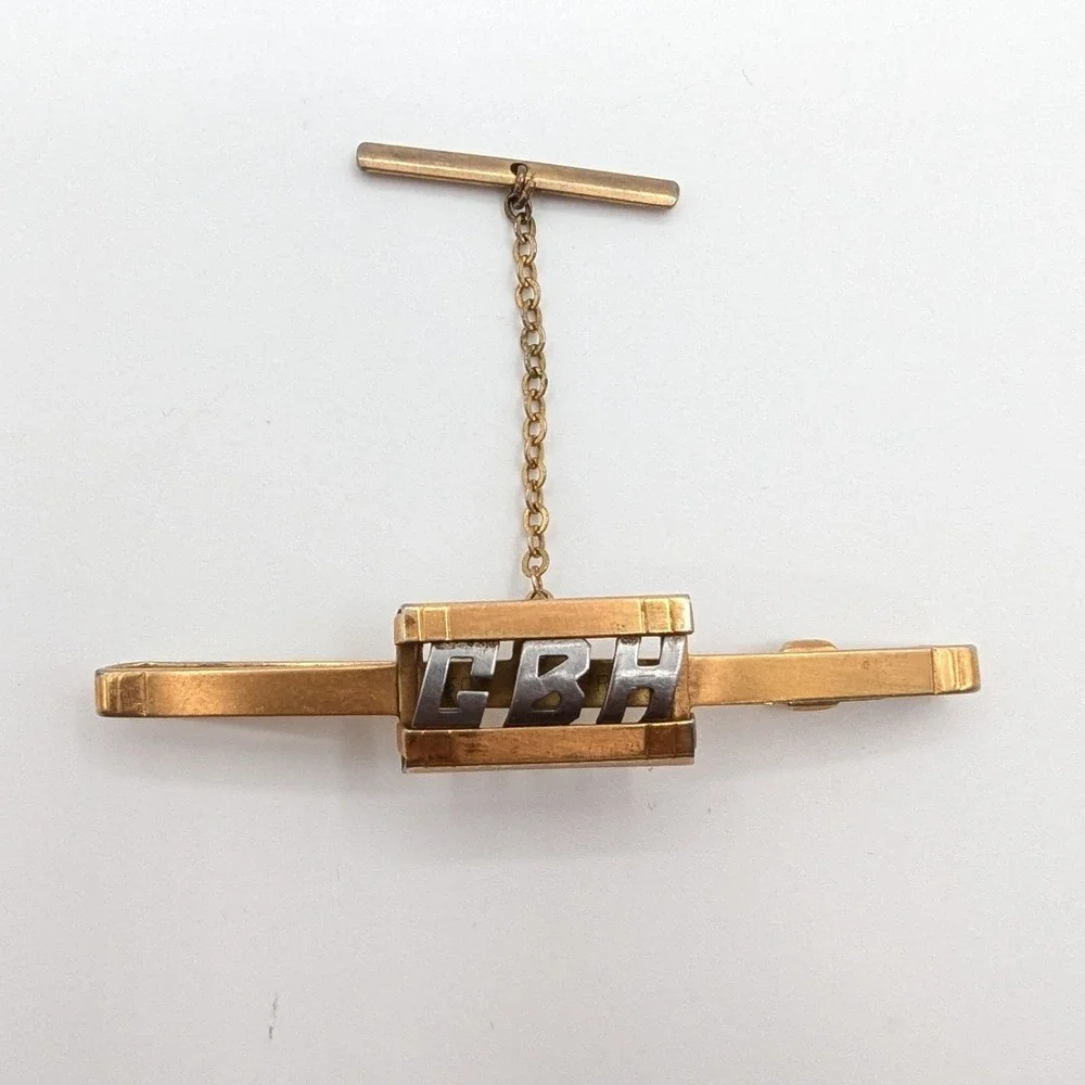 Swank Vintage Gold Tone‎ Monogram CBH Tie Clip Bar with Safety Chain T-Bar